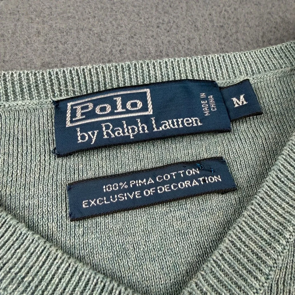 Polo Ralph Lauren Sweater Men's M Green V-Neck Pima Cotton Long Sleeve Pullover